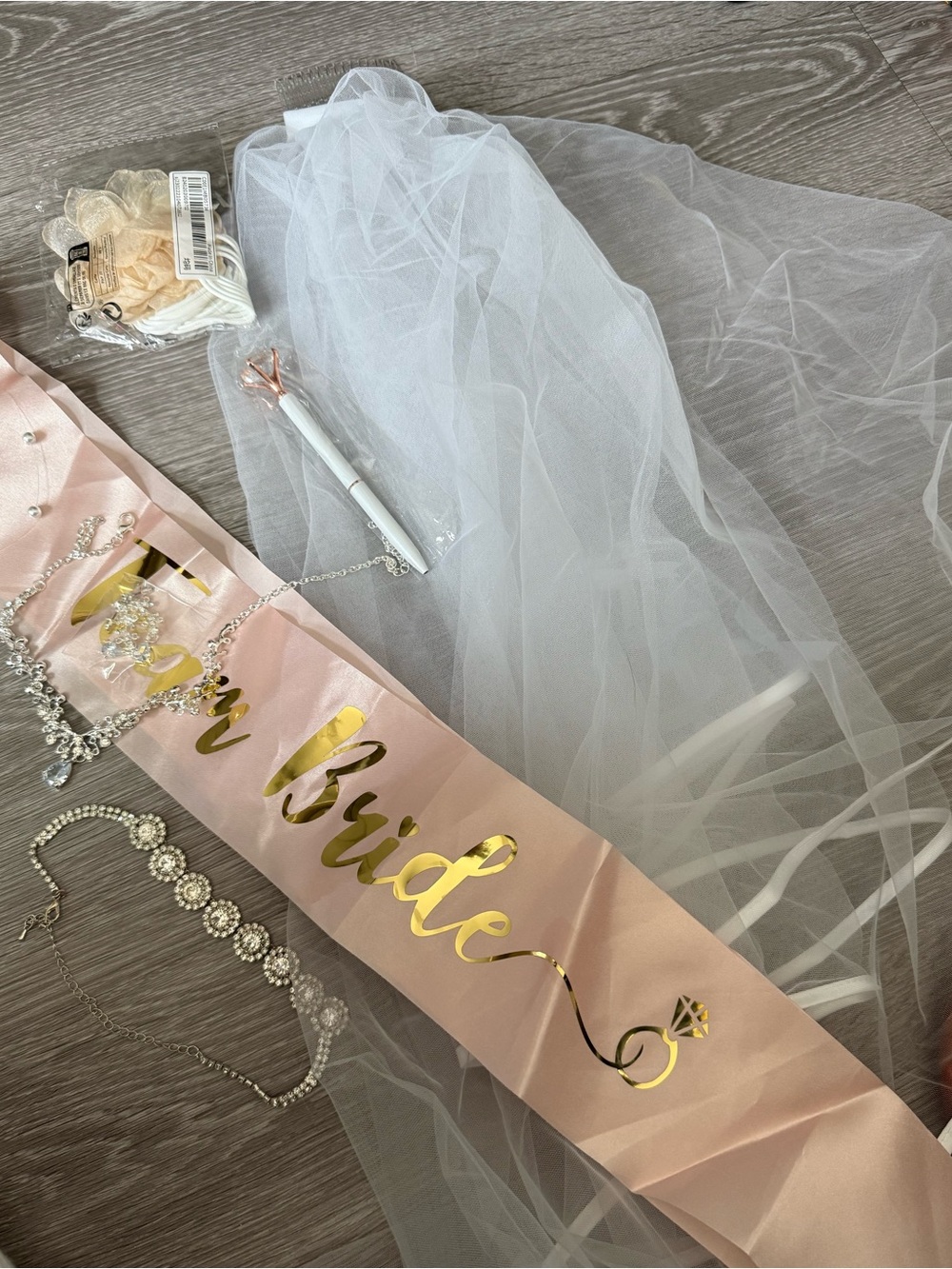 Rose Pink "Bride" Sash with White Veil and Rhinestone Jewelry